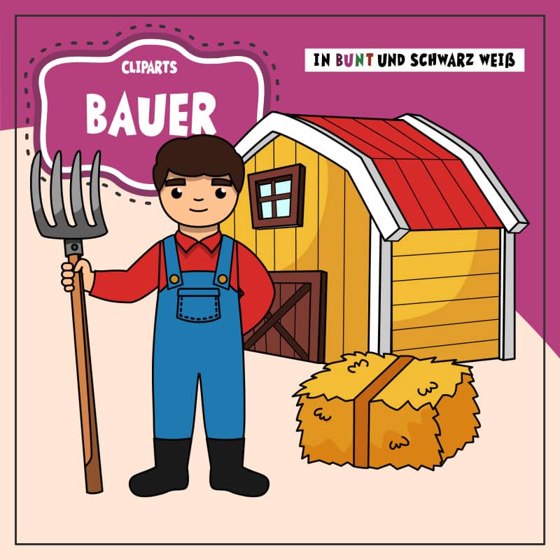 Clipart Paket Bauer mit Mistgabel, Heuballen und Scheune