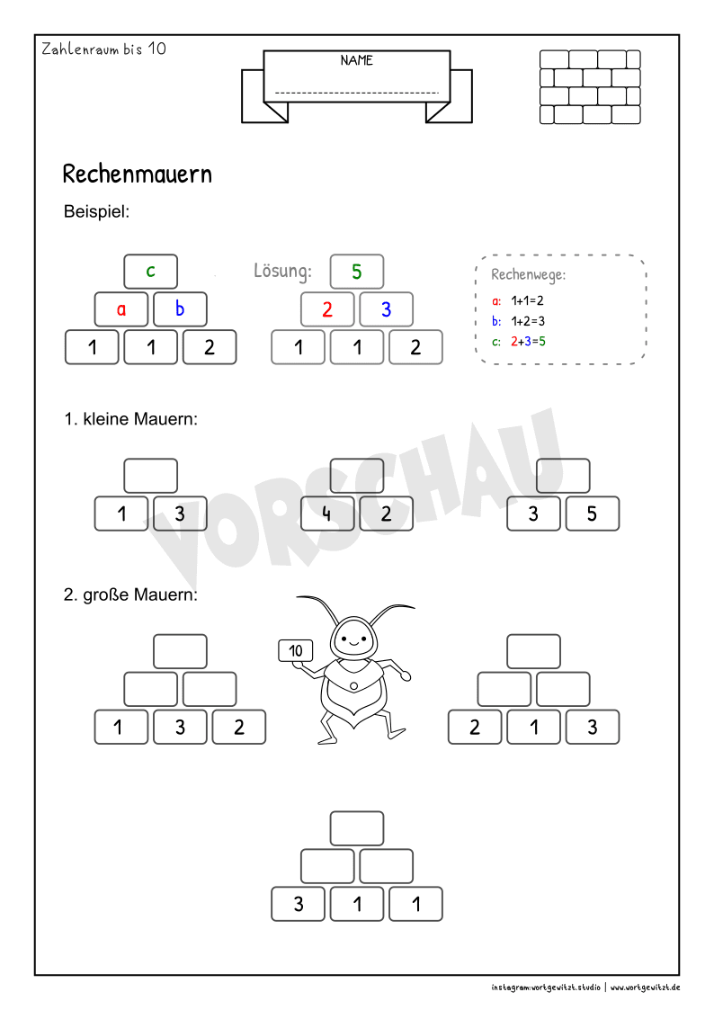 Rechenmauern Im Zahlenraum Bis 10 Und Bis 20 Wortgewitzt